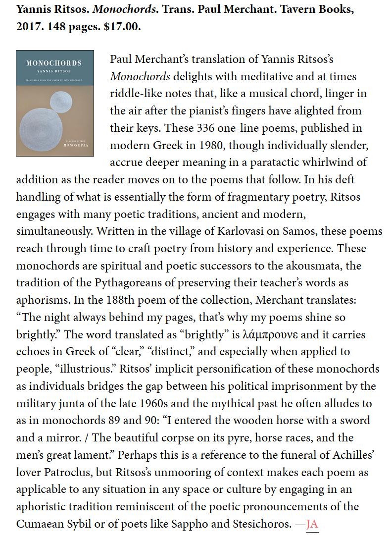 TavernBooks's tweet photo. @kenyonreview did a micro-review of MONOCHORDS by Yannis Ristos, translated from the Greek by Paul Merchant-- check out the full March 2019 list at https://t.co/uVe1T5AoBW https://t.co/9qDwsE5r7A