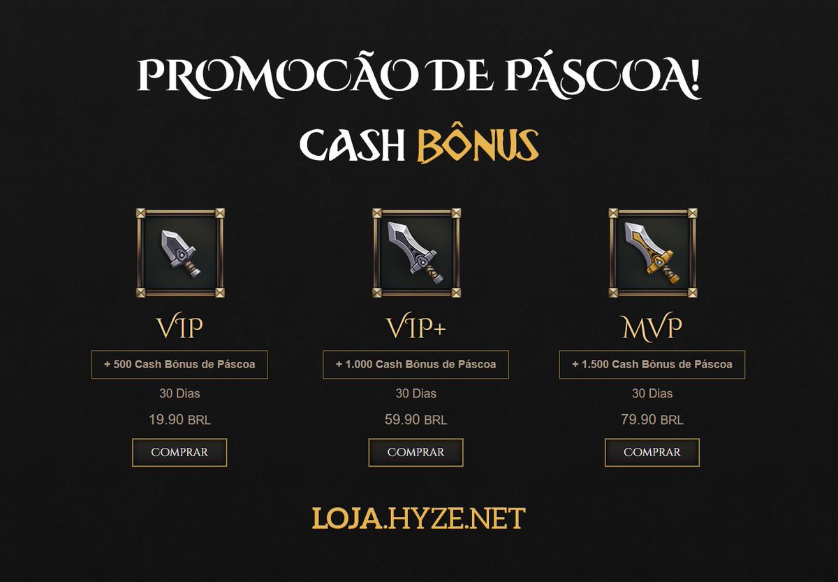 🐰 Aproveite a Páscoa no Hyze! Ao comprar um grupo VIP, você recebe uma quantia em Cash totalmente de graça! Além disso, ao comprar qualquer pacote de Cash você recebe 50% de Cash bônus! 😱

🛒 Acesse a loja em: loja.hyze.net