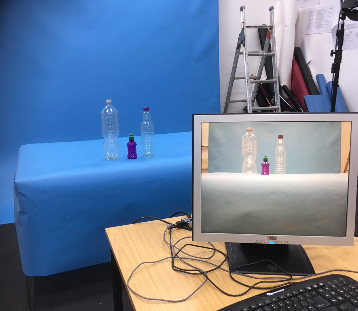 Ashford_Pi_Man's tweet photo. Start of a Level 3 stop frame project with Rasp Pi and Python code. Different size bottles to create graph of plastic use over the years. https://t.co/q4le7nOCIW