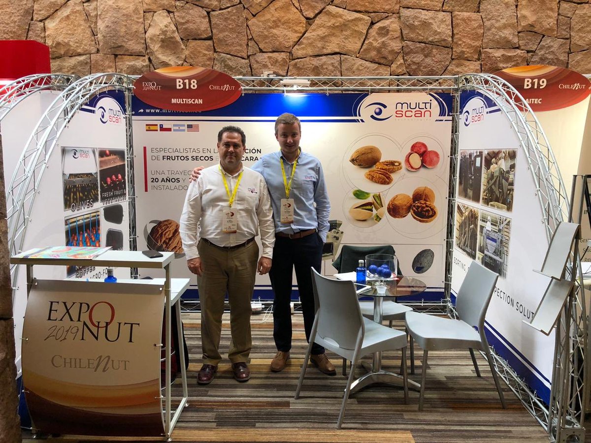 Multiscan presente en Expo Nut Chile 2019, inspección de frutos secos desatacando Pistachos, separando abiertos de cerrados, defectuosos. También Pecan, Nueces de Macadamia, Castañas con gusanos mediante RX, etc.
