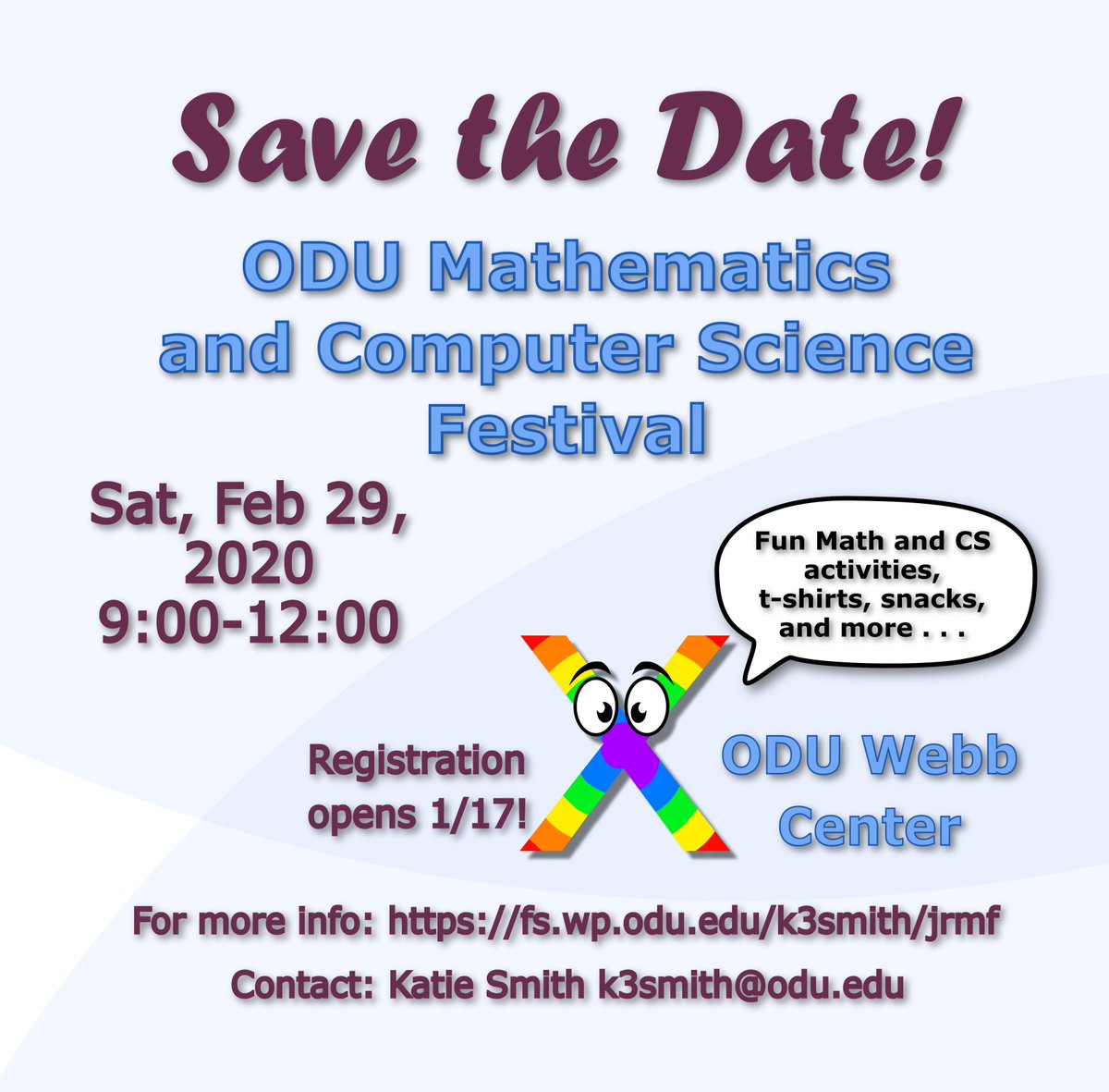 ODU_MathStatDep's tweet image. Save the date for the Third Annual JRMF @ ODU on Saturday, February 29, 2020!