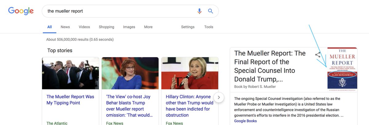 Um... why is <a href="/Google/">Google</a> showing a book cover with an introduction by Alan Dershowitz when you search for "the mueller report"? #googlegonewrong