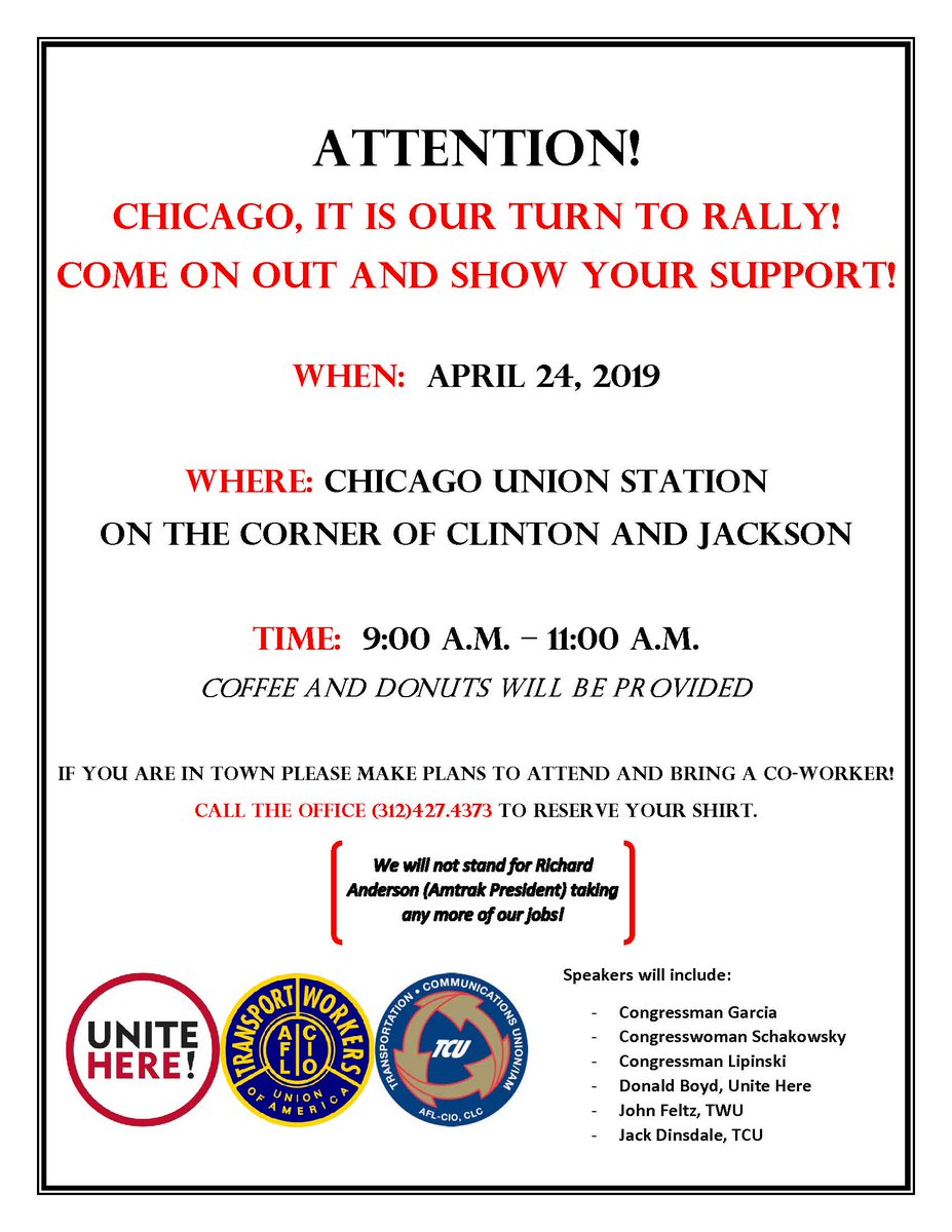 AmtrakCouncil's tweet photo. If you're in the Windy City tomorrow, join us as we call on @Amtrak to preserve our national rail network. Stop the #coldcuts #dontfailrail #behumanesavethetrain @transportworker @TCUnionHQ @unitehere https://t.co/NOLykK7YLq