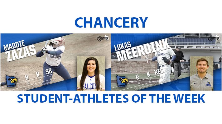 CUWFalcons's tweet photo. Maddie Zazas of @cuw_sb and Lukas Meerdink of @CUWBSB are the Chancery Student-Athletes of the Week! https://t.co/sNCIpPeNV5 https://t.co/KOOxoe0BU9
