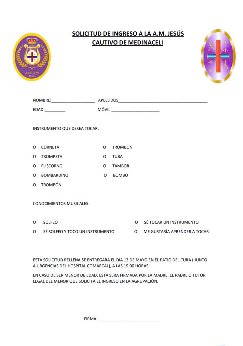 amcautivoml's tweet photo. Se abre el plazo de inscripción para estar en nuestras filas,si te gusta la música y eres apasionado de la Semana Santa no dudes en ponerte en contacto con nosotros.
Te esperamos el día 13 de mayo a las 19:00h en el patio del cura,¡¡Ven y tráenos tu solicitud !!
#sonescautivos https://t.co/2R10oHMF4Y
