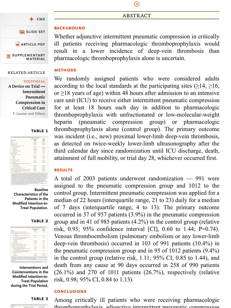 Adjunctive Intermittent Pneumatic Compression for Venous Thromboprophylaxis: No added value to pharmacologic thromboprophylaxis in #ICU patients! We almost never practized pneumatic compression anyway. #NEJM 
nejm.org/doi/full/10.10…