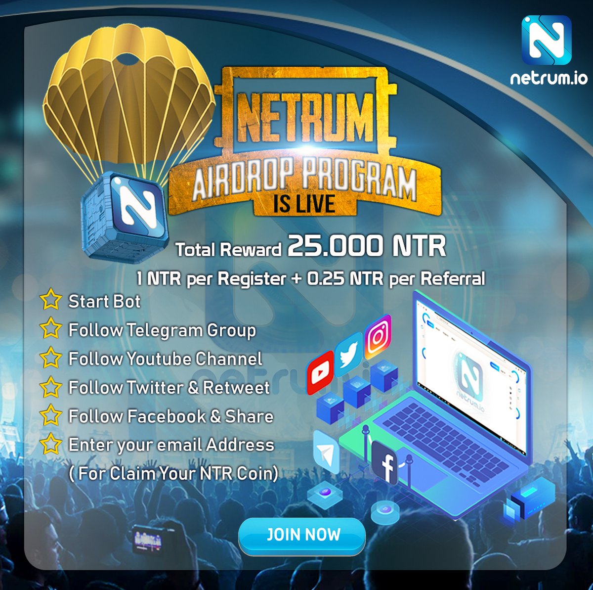Netrum airdrop NTR coin is LIVE ‼️ 💰 Total reward: 25,000 NTR 1 NTR per register + 0.25 NTR per referral 🌕 start bot : t.me/netrum_airdrop… $netrum $NTR #netrumcoin #blockchain $PoW $PoS #masternode