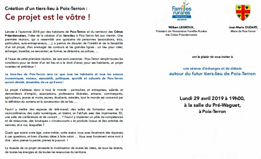 PoixTerron's tweet photo. Séance d'échanges et débats autour du futur tiers-lieu de Poix-Terron, Lundi 29 avril 2019 à 19h - salle du Pré-Waguet - Poix-Terron @UnionArdennais @cretesduweb @otcretes @cccpa08 @RVMARDENNES @RADIO8ARDENNES @FaRu08 https://t.co/KQIUK4zxMM