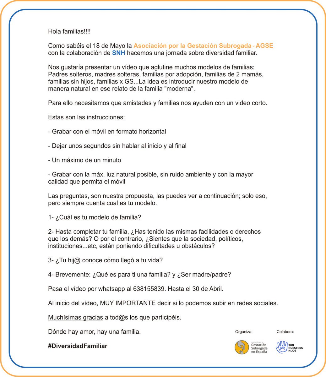 GSubrogada's tweet image. Jornada Somos Diversidad Familiar / Familia Aniztasuna Gara

Revelación de orígenes a niño/as nacidos por donación de gametos o #gestaciónsubrogada + Coloquio

Alcanzar la #diversidadfamiliar en las aulas + Coloquio

📌18 de Mayo 👉 Hotel Meliá - Lehendakari Leizaola, 20 - Bilbao