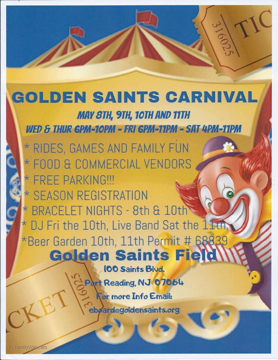 WGSaints's tweet photo. The Woodbridge Golden ⚜️ Saints 8th Annual Carnival is back!

Wednesday &amp; Thursday May 8th &amp; 9th from 6pm - 10pm!

 Friday May10th 6pm - 11pm!

Saturday May 11th 4pm - 11pm!

For any questions please email us at eboard@goldensaints.org https://t.co/kFo1DPBzg5
