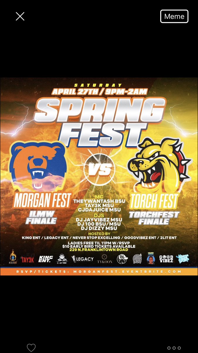 essey_13's tweet photo. SATURDAY🔥 1st time ever:
Morgan State vs Bowie State
#MorganFest 🐻 vs. #Torchfest 🐶
2️⃣ Spring Fest under 1️⃣ ROOF
Ladies FREE TIL 11PM
RSVP: https://t.co/HklwcnHYtj
📍229 N. Franklintown Rd. https://t.co/GFqyn1pe6M