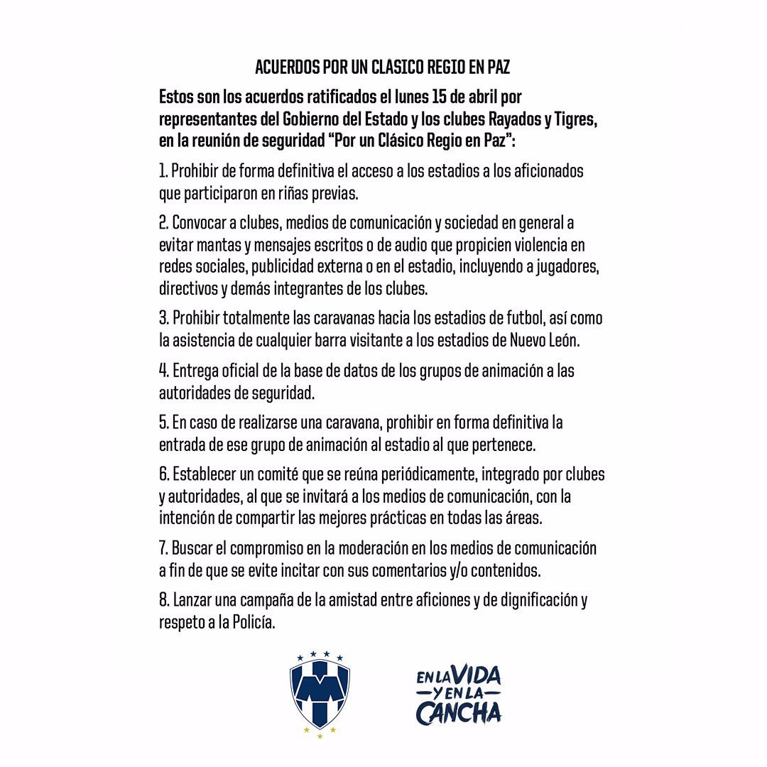 Rayados's tweet photo. 🛡| 🤝 Vivamos la fiesta de futbol con respeto. Te compartimos los acuerdos ratificados por autoridades de @nuevoleon y los Clubes #Rayados y @TigresOficial por un Clásico Regio en Paz.

#HagámosloBien #EnLaVidaYEnLaCancha https://t.co/6ZC2SvTpyr