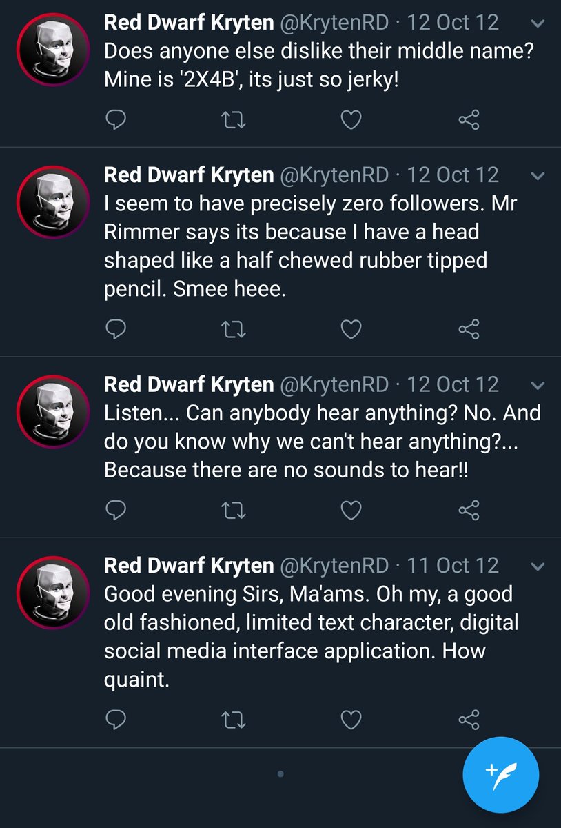 KrytenRD's tweet photo. Here are my very first tweets from October 2012... Right in the middle of the UK broadcast of #RedDwarfX... Regrettably your old profile photo doesn't show, that would be "fun"! https://t.co/4RTKONlGxV