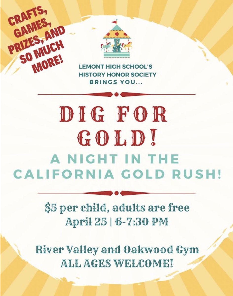 Come out to River Valley this Thursday to throw it back to the 1850s!! Bring your kids and young siblings to learn about the California gold rush!!