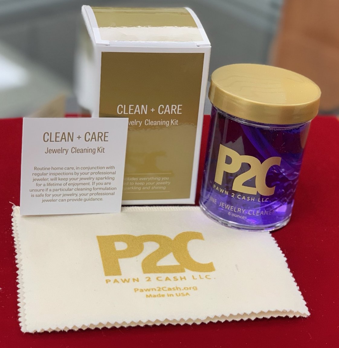 Pawn2Cash's tweet photo. Jewelry Cleaning Kits are now available at P2C!  These kits include fine jewelry cleaning solution, cleaning brush, and a luxurious polishing cloth all for only $24.99!  What a deal!  #shoplocal #pawnshop #goldandsilver #webuygold https://t.co/cJDMPXS9vv
