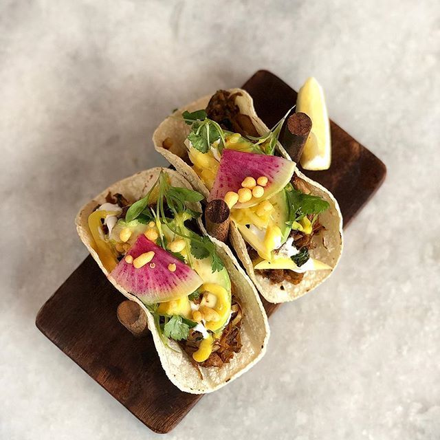 Make it taco night with our Masala Jackfruit Tacos // pineapple kut, avocado, garlic toum, boondi. #RoohSF