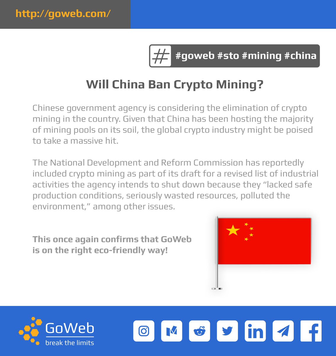 GoWebSTO's tweet image. ⛔️ Will China Ban Crypto Mining?

goweb.com 

#goweb #sto #mining #china