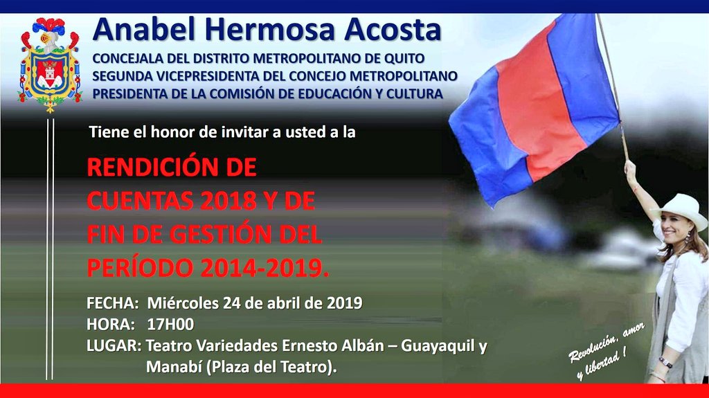 Mañana les esperamos desde las 17:00 a la Rendición de Cuentas de <a href="/bellhermosa/">Anabel Hermosa</a> en el Teatro Variedades les esperamos.

#RevoluciónAmorYLibertad 
<a href="/MashiRafael/">Rafael Correa</a>
