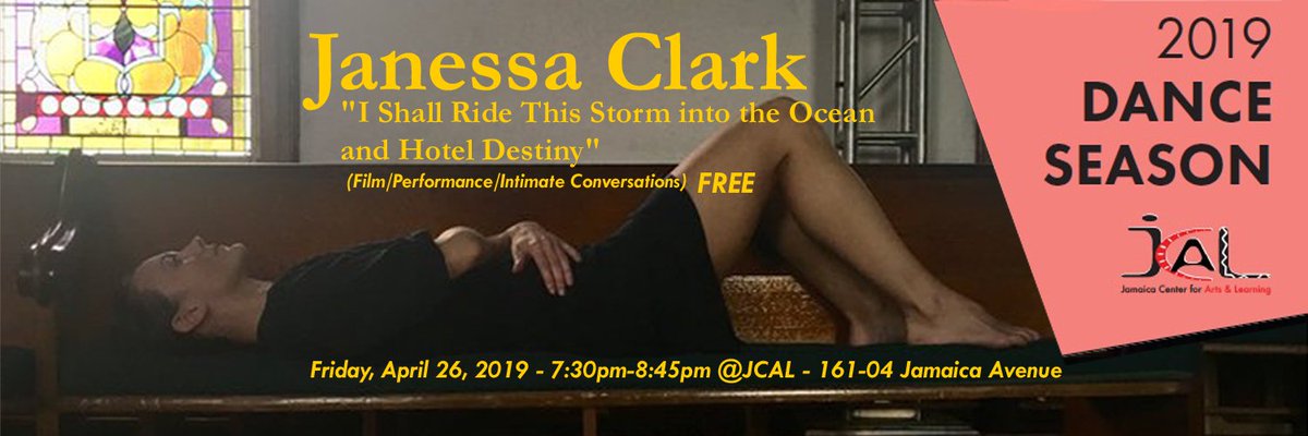 jamaicaarts's tweet photo. #JoinJCAL &amp; Janessa Clark - 4/26/2019 - 7:30pm-8:45pm for
"I Shall Ride This Storm into the Ocean" #FREEfilm #Performance
@jamaicaarts - 161-04 Jamaica Avenue https://t.co/JMtMhATbkk