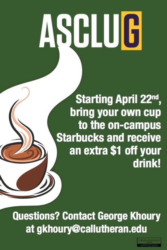 Students will now receive an extra $1 off their drinks if they bring their own cup! This is a special event to celebrate Earth Day &amp; promote sustainability, and will be available for the first 1500 students who participate🌎