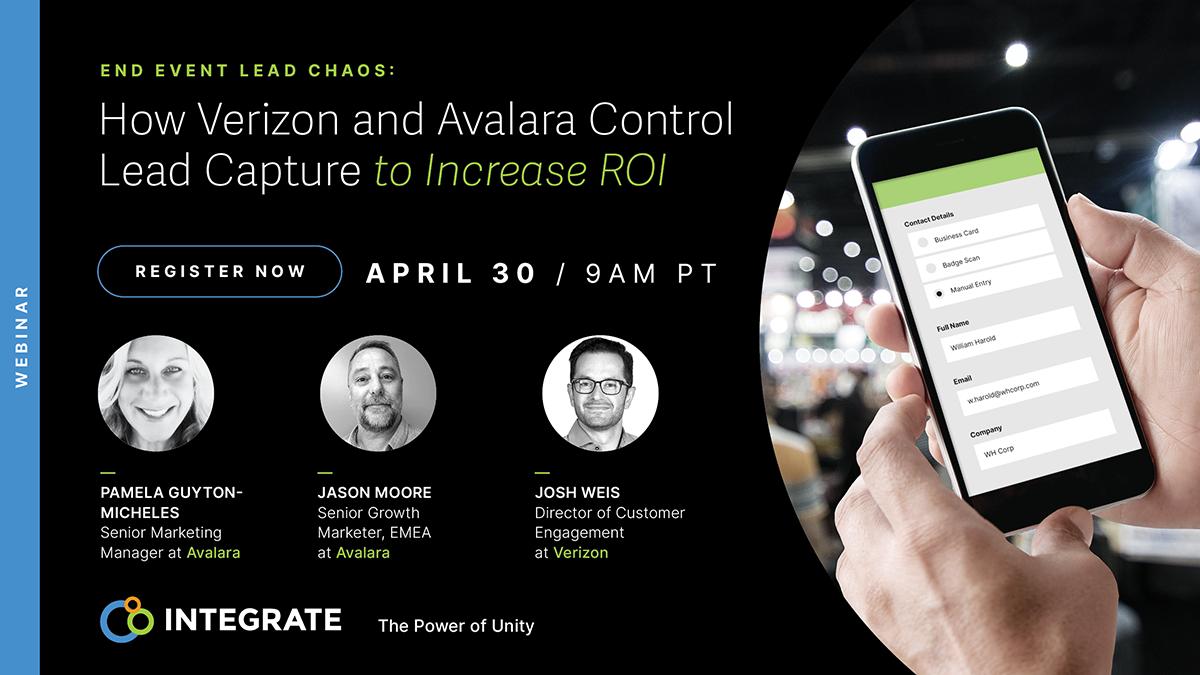 SeanDHuff's tweet photo. Are you frustrated by inefficiencies around #events lead #data collection and processing? Tune into this #webinar to learn how @Avalara and @Verizon are solving for event #marketing inefficiencies. Register here: https://t.co/C6pa1QoxAU  #b2b https://t.co/gnh3VY2HOk