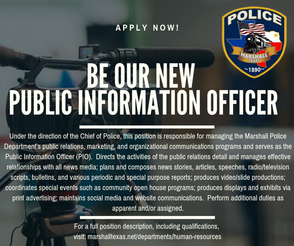 ETBUCareers's tweet photo. Public Information Officer Position
City of Marshall 
#HireETBU #ETBU https://t.co/v1T8ZJcvYa
