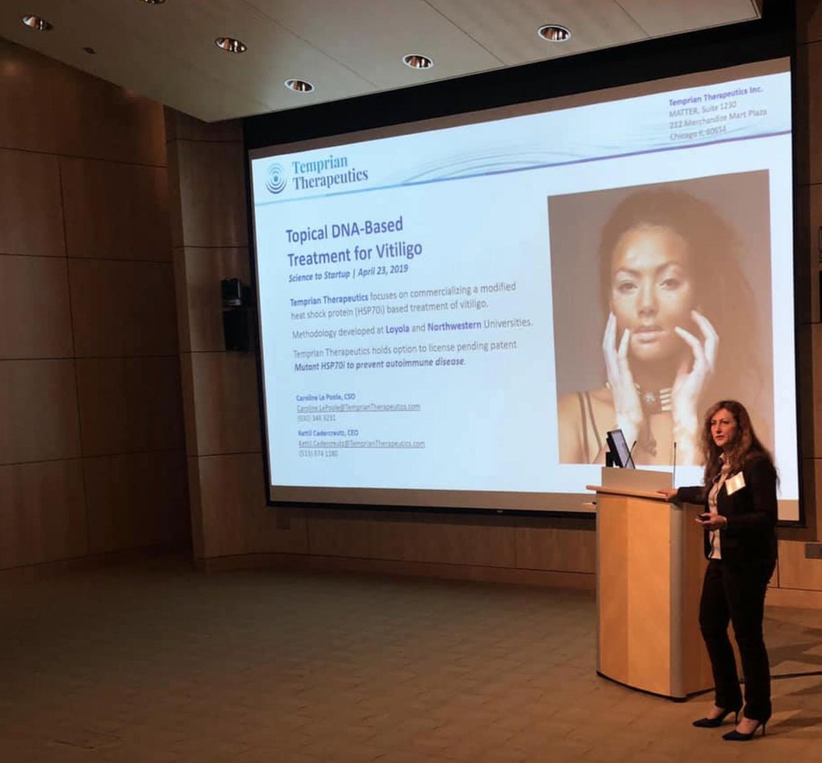 Professor Caroline Le Poole pitching on modified HSP70i based treatment of vitiligo for 150 pharmaceutical investors today at the S2S conference. Out of 176 companies 12 made it to the podium; Temprian was one of them.