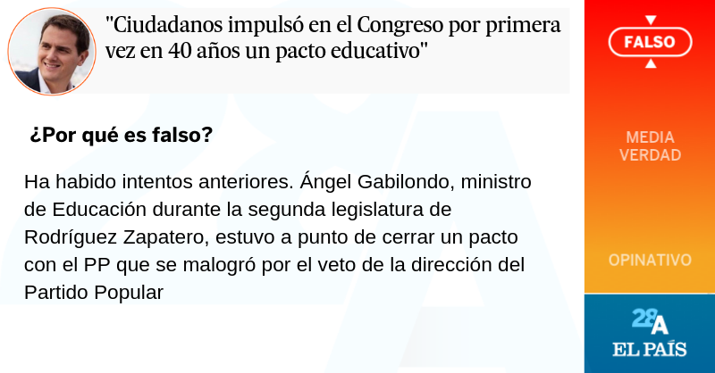 el_pais's tweet photo. El verificador de #ElDebateDecisivo | Ciudadanos no es el primer partido que ha impulsado un pacto educativo en el Congreso. Ángel Gabilondo, ministro de Educación de Zapatero, estuvo cerca de cerrarlo, pero la dirección del PP lo vetó #ELPAÍSverifica https://t.co/kuocv1YvpU https://t.co/wzpC8SvPEb