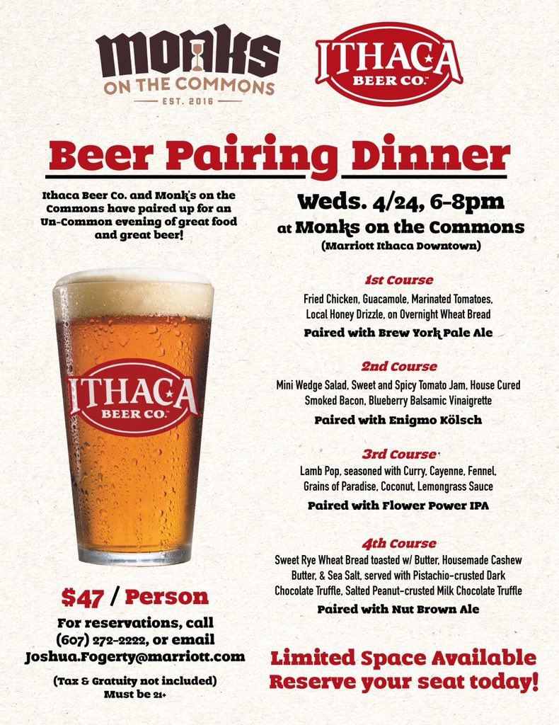Chris Marriott (@ithacabeercny) on Twitter photo Time is running out! Make your reservation for <a href="/ithacabeer/">Ithaca Beer Co.</a> pairing for tomorrow’s dinner at Monks in #Ithaca <a href="/Marriott/">Marriott Hotels</a> space is limited seating starts at 6pm. #TwIthaca #ThinkNYDrinkNY #Goodfood #cornell #goodbeer #beerdinner #humpday <a href="/CornellAlumni/">Cornell Alumni</a> <a href="/IthacaCollege/">Ithaca College</a> Time is running out! Make your reservation for <a href="/ithacabeer/">Ithaca Beer Co.</a> pairing for tomorrow’s dinner at Monks in #Ithaca <a href="/Marriott/">Marriott Hotels</a> space is limited seating starts at 6pm. #TwIthaca #ThinkNYDrinkNY #Goodfood #cornell #goodbeer #beerdinner #humpday <a href="/CornellAlumni/">Cornell Alumni</a> <a href="/IthacaCollege/">Ithaca College</a>