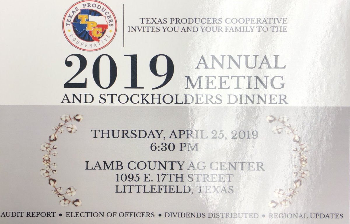 All stock holders and family, please join us for our Annual Meeting Thursday, April 25th at 6:30 p.m.