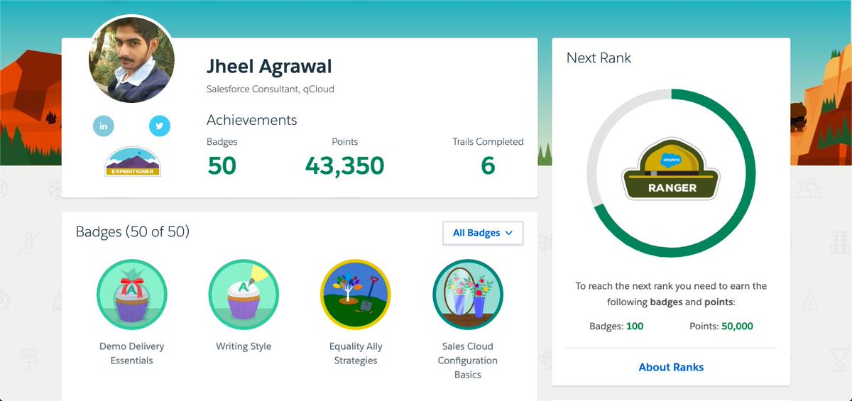jdagrawal008's tweet photo. Nailed it. Just became Expeditioner on
@trailhead
. #AprilLearnAndEarn Quest. #Trailblazers #TrailblazerCommunity #TrailHeadQuest #jdagrawal008
Profile: (link: https://t.co/cdb9qXDDaE) https://t.co/kvb0Bhk9jy https://t.co/AOgPjSKrFz