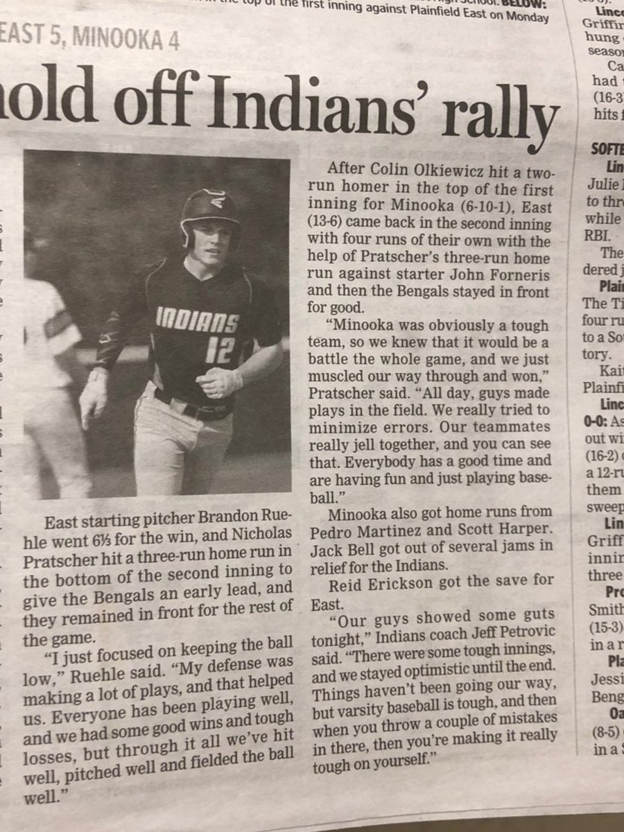 @UWOBaseball commit @colinolkiewicz and the Minooka Indians lost a close one to a tough Plainfield East team. Colin was hitting in the 4 slot and well i'll just let you read the article in The Herald News.
@MinookaBaseball @PPCSportsMCHS @colkie33