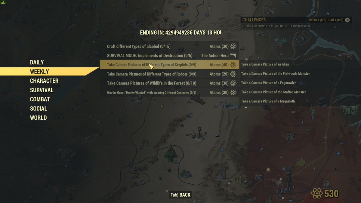 culvey's tweet photo. Thanks @bethesda & @Fallout for giving us more time to complete the weekly quests in #Fallout76! Looks like a have a little extra time to rattle off the weekly quests... 4294949286 days & 13 hours, to be exact. π #Fallout76Bugs #Bugthesda #ToddHowardHatesMe #TweteHines https://t.co/j5KhlCFtdx