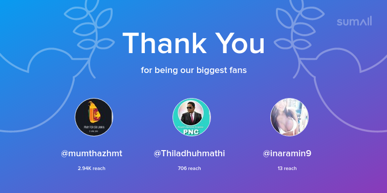 mremuh's tweet photo. Our biggest fans this week: @mumthazhmt, @Thiladhuhmathi, @inaramin9. Thank you! via https://t.co/ieiR4WzaYE https://t.co/N4Z62wQRBc
