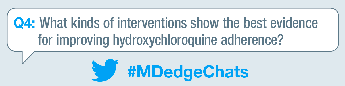 MDEdgeTweets's tweet photo. #MDedgechats Question 4: What kinds of interventions show the best evidence for improving #hydroxychloroquine adherence? #rheumatology #medicine #rheumatoid #pain #arthritis #rheumatoidarthritis #dor #fibromyalgia #fibromialgia #espondilite #artrite #bhfyp https://t.co/HpIxvkAn5O