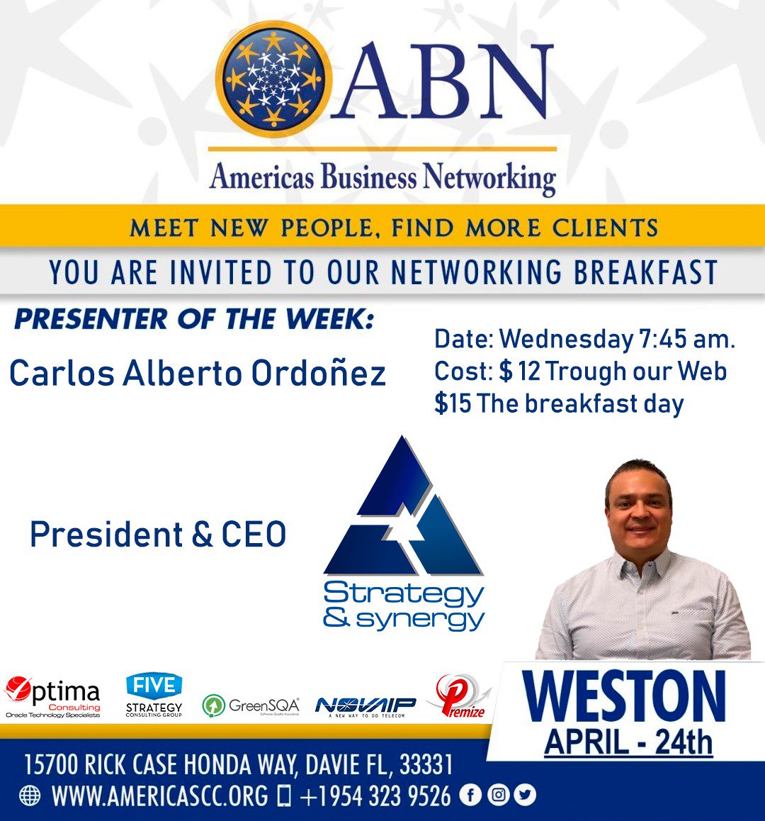 cao_col's tweet photo. Carlos Ordoñez - CEO de Strategy&amp;Synergy presentará en Weston-FL a #TeamColombia y el portafolio de las 5 empresas IT del grupo @optima_co @novaipcorp @greensqa   @Five_Strategy  @premize apoyados por @PROCOLOMBIACO  @estebanpie @FedesoftCol @AmchamCali @Ministerio_TIC https://t.co/163XHdCoOc