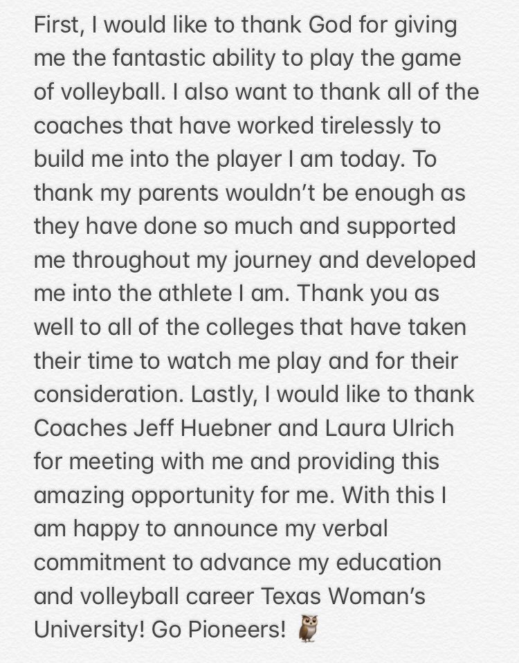 KiyaYeoman's tweet photo. Thank you so much to everyone who has helped me along this fantastic journey! I am beyond excited to announce my verbal commitment to play volleyball at Texas Woman’s University! @topsailvolleyba @EatonEagleVB  @TXImg17ASICSBlk @TWUVolleyball https://t.co/eoHdExCypp