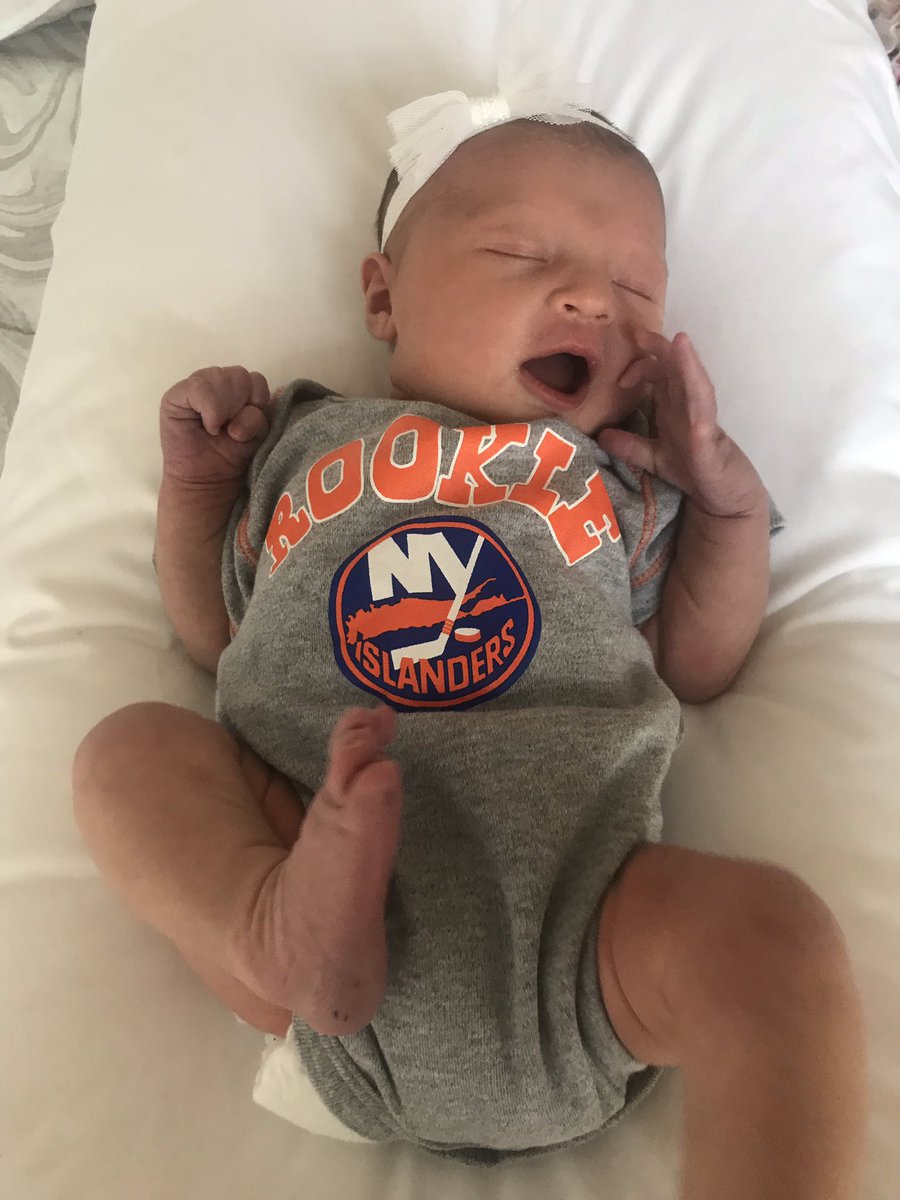 Shannon_Hogan's tweet photo. Thrilled to introduce the newest #isles fan... our little girl Niamh Hogan Gorey. Born 4/19/19 at 7lbs 12oz. Niamh is a traditional Irish name pronounced (Neev). Mom, Dad &amp; baby are all happy, healthy &amp; looking forward to the second round of the #StanleyCupPlayoffs #YesYesYes https://t.co/n20mGznevx