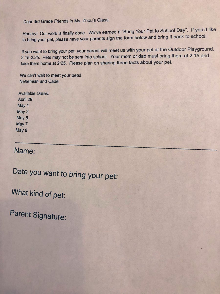 jessicaweeks's tweet photo. Cade and his bestie wrote a note to their Principal in January asking if they could create a “bring your pet to school day.” After months of in-person and email negotiations they sold her on their plan! Thinking we should hire them. #futureTweeps https://t.co/rRYaVDAL2j