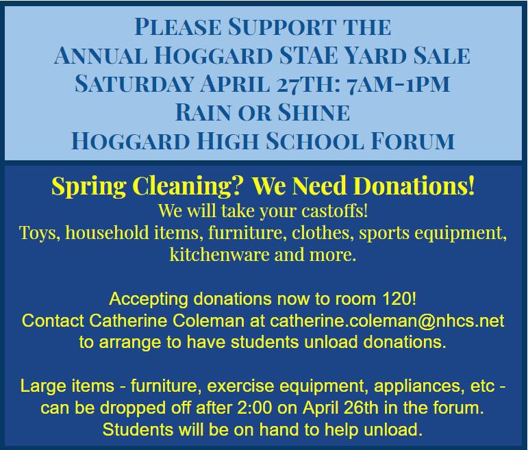 HoggardSTAE's tweet photo. Hoggard STAE needs your old stuff! Please bring donations to Hoggard by Friday, 4/26 for our annual yard sale. @NewHanoverCoSch @HoggardPTSO  @HoggardHS #nhcsstae https://t.co/jm09xb3stp