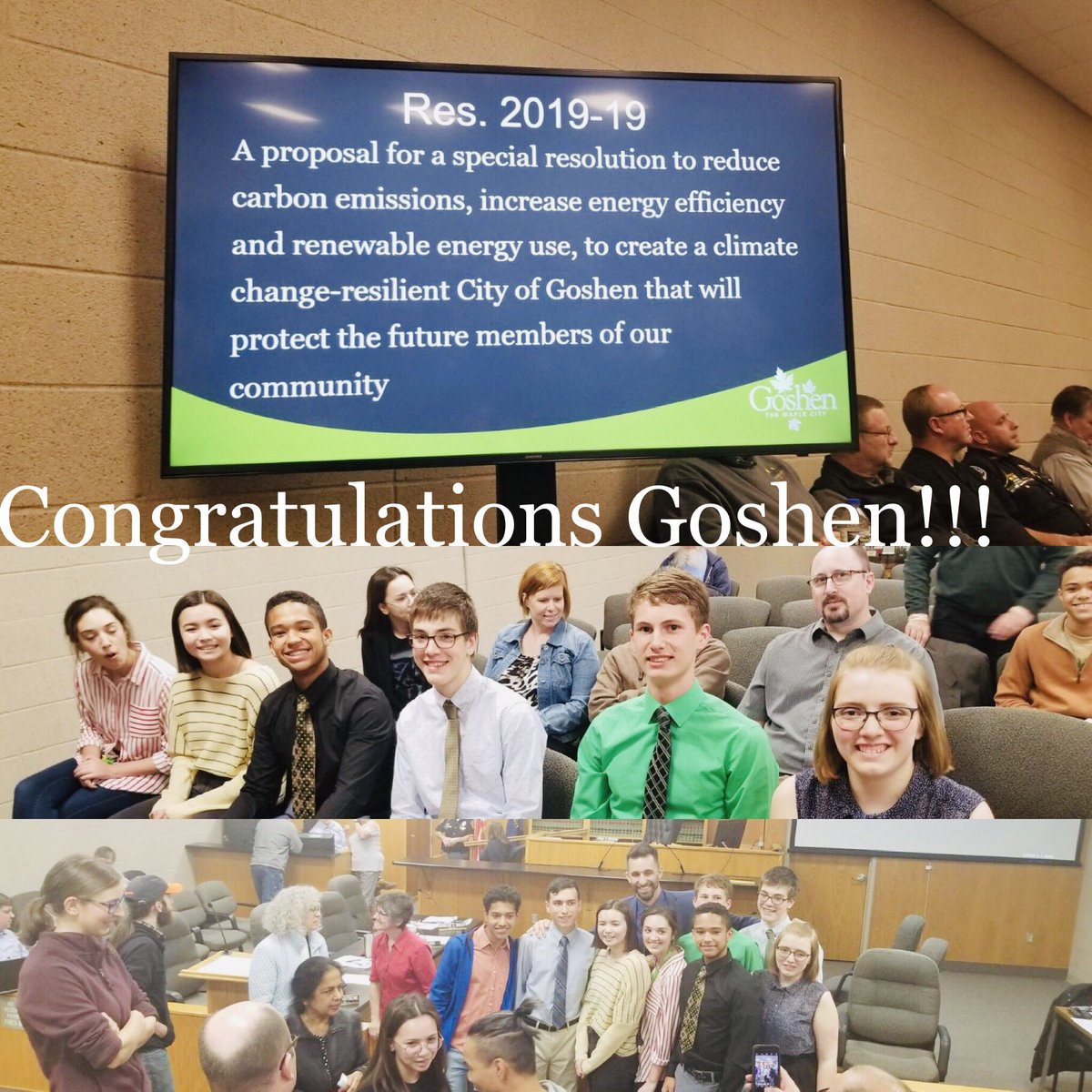 ECharterIndiana's tweet image. Amazing night in Goshen! Congratulations to the City of #Goshen and these fantastic students for passing, unanimously, their #ClimateResolution tonight. #earthday #ActOnClimate