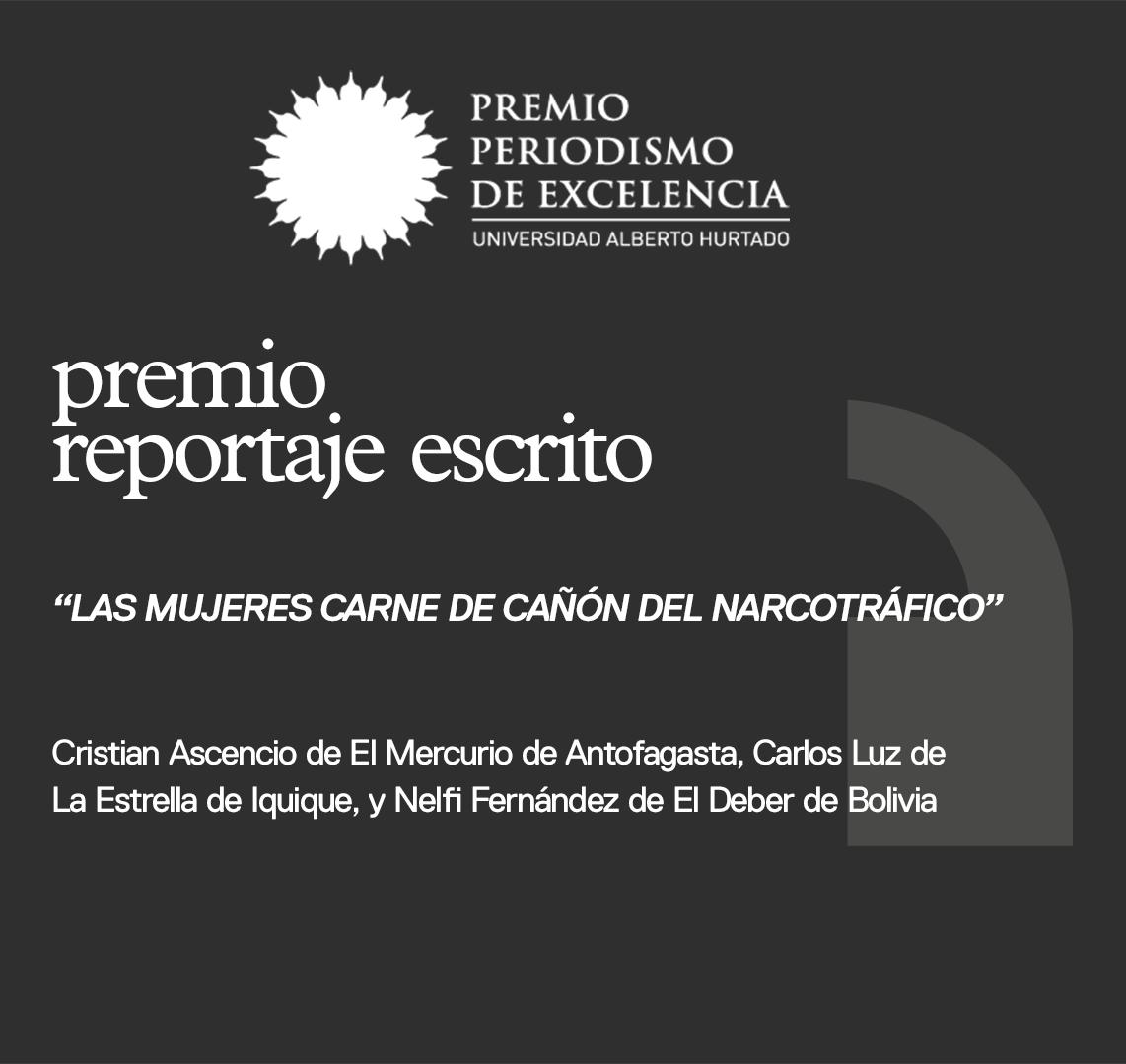uahurtado's tweet photo. El premio al mejor reportaje escrito es para Cristián Ascencio de @mercurioafta, Carlos Luz de @laestrellaiqq y Nelfi Fernández de @diarioeldeber de Bolivia por “Las mujeres carne de cañón del narcotráfico”.
#PPEUAH #PPE #periodismodeexcelencia #periodismo https://t.co/0CFSXr3xu0