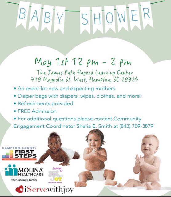 We’re having a Baby Shower in Hampton County with <a href="/molinahealth/">Molina Healthcare</a> of South Carolina and Hampton County first steps.  And <a href="/IservewithJoy/">iservewithjoy</a> Help us get the word out to expecting moms in the area.  <a href="/postandcourier/">The Post and Courier</a>