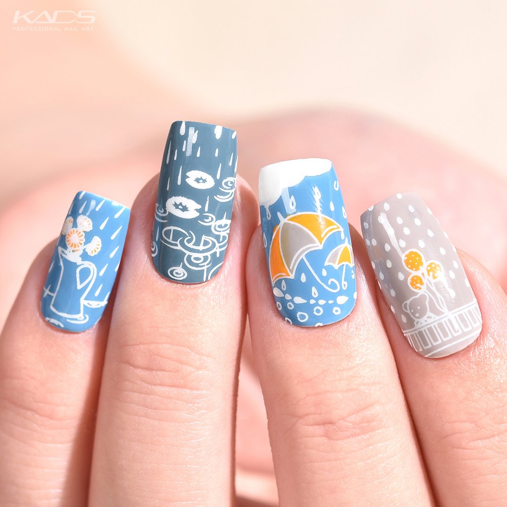 Kadsnailart's tweet photo. Nail design using KADS stamping plate Nature 002 from AliExpress store(link in bio). #nails #kads #kadsnailart #nailart #nailfashion #nailwork #naildesigns #nailplates #nailpolish #nailartaddict #kadsnature #kadsnature002 #rain #rainynails #cutenails #cloudnails #springnails https://t.co/YmiLBoC3Ol