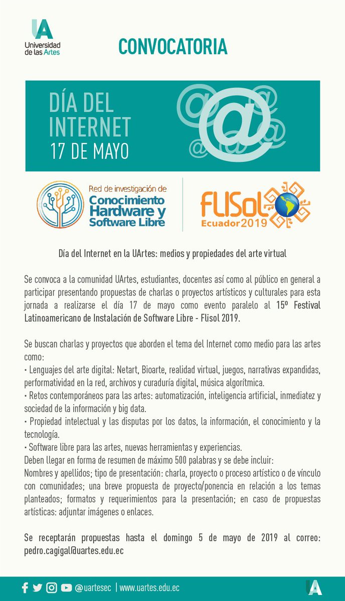 Presenta tu propuesta (hasta el 5 de mayo) de proyecto artístico y cultural que aborde el tema "Internet como medio para las artes", para la jornada del 17 de mayo, como evento paralelo al #FLISoL2019 en #Guayaquil. Convoca <a href="/uartesec/">UArtes</a>
