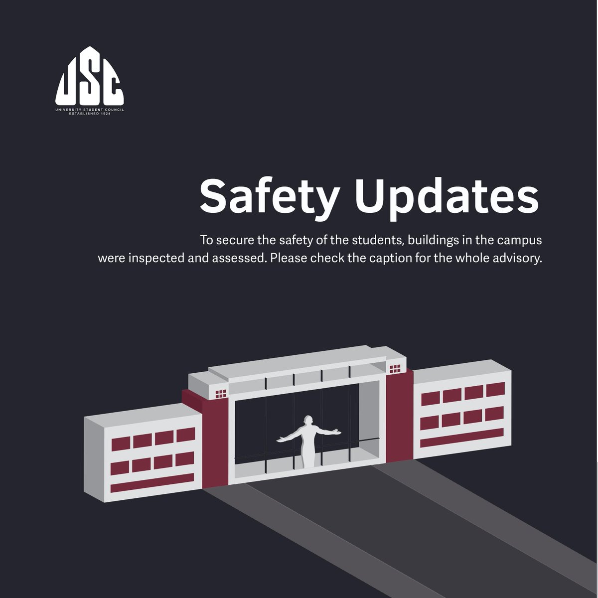 USCUPDiliman's tweet image. #SafetyUpdates

To secure the safety of the students, buildings in the campus were inspected and assessed. Please check the update in the post: tinyurl.com/UPDSafetyUpdat…

Please be advised. Stay alert and safe!