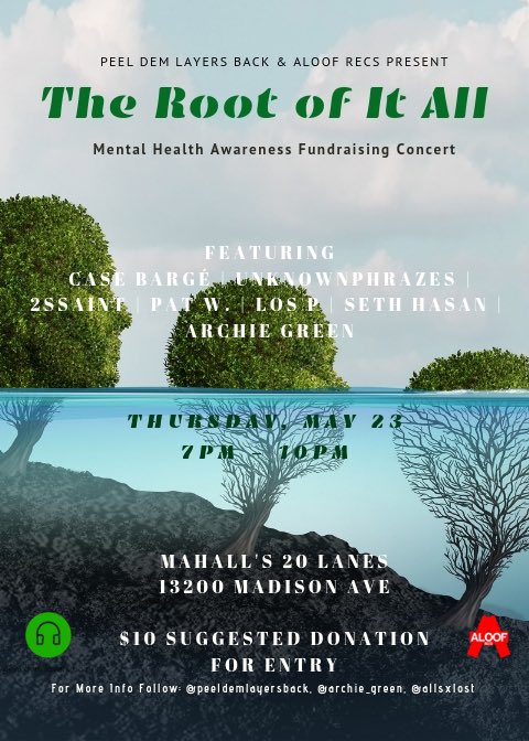 the_cope_dealer's tweet photo. #TheRootOfItAll: A Mental Health Awareness Fundraising Concert 5.23.19
Feat: #CaseBarge @unknownphrazes @2ssaintu #sethhasan #PatW #LosP
Presented by @PeelDemLayers & @AllsxLost https://t.co/wGutXdOltF