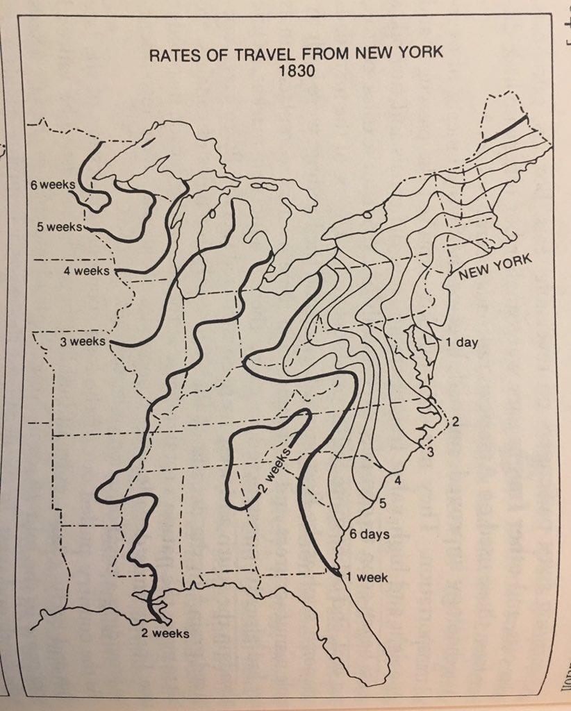 DKThomp's tweet photo. These are the average travel times from New York to Chicago in the early 19th century

1800: 5 weeks 
1830: 3 weeks 
1857: 2 days https://t.co/kVLnOixltY