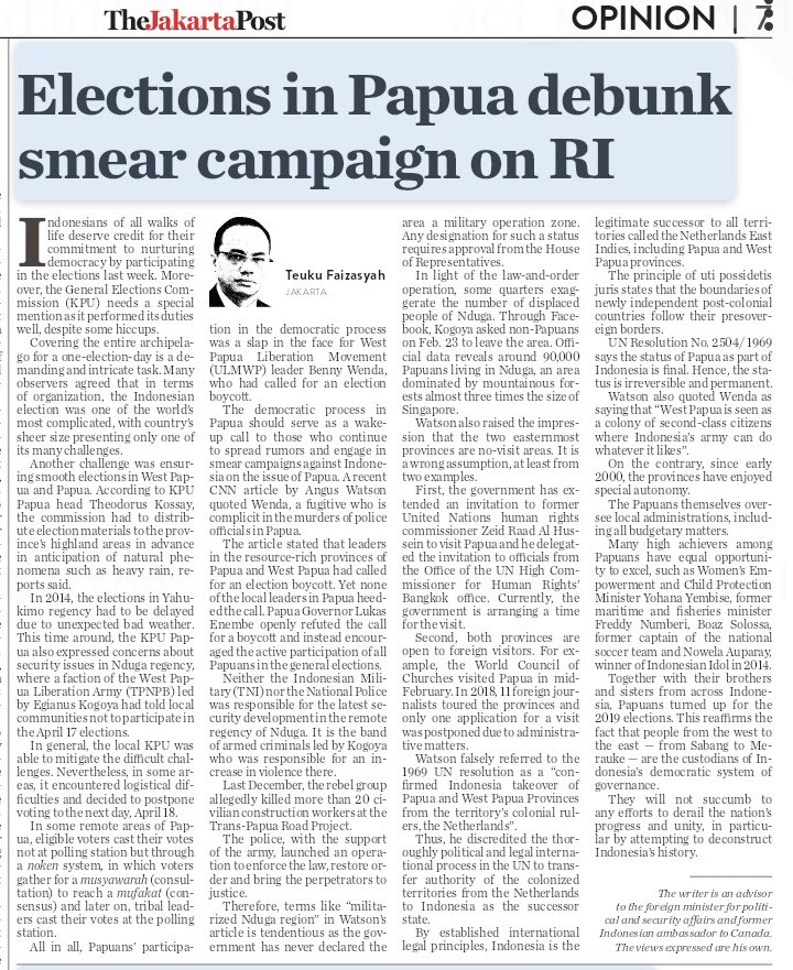 TFaizasyah's tweet photo. Sekedar berbagi, smg tertarik utk membaca artikel sy di Jakarta Post hari ini, 24/4, tentang Pemilu RI dan Papua (my latest article in today’s Jakarta Post on Indonesian election) https://t.co/PVMtgg7DN0