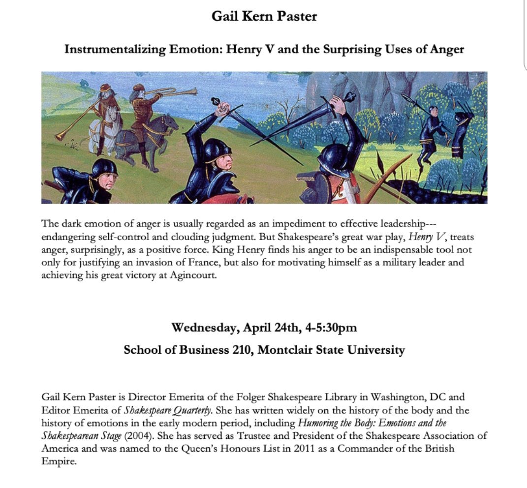 Michael_Garzon's tweet photo. If you happen to be in the Montclair neighborhood on 4/24, come see Dr. Gail Kern Paster's lecture at MSU. She will be speaking about Shakespeare's HENRY V.
#Shakespeare #MSU #folgerlibrary https://t.co/FTHho7Posi